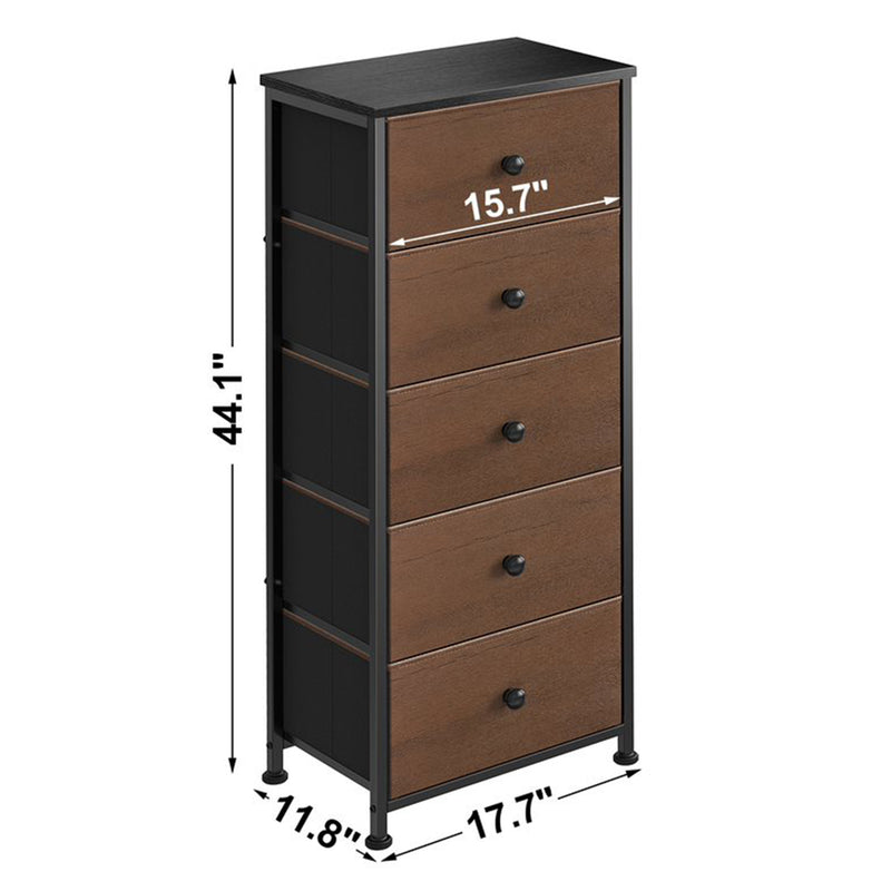 Vertical Narrow Metal Tower Dresser w/ 5 Fabric Drawer Bins, Espresso(For Parts)