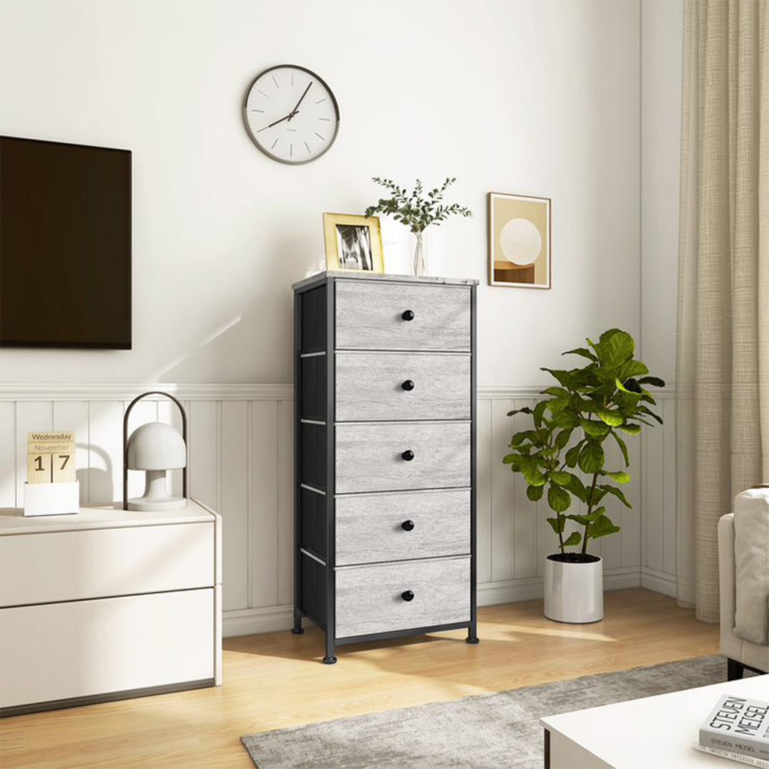 REAHOME Vertical Narrow Metal Tower Dresser w/ 5 Fabric Drawer Bins (Open Box) - VMInnovations