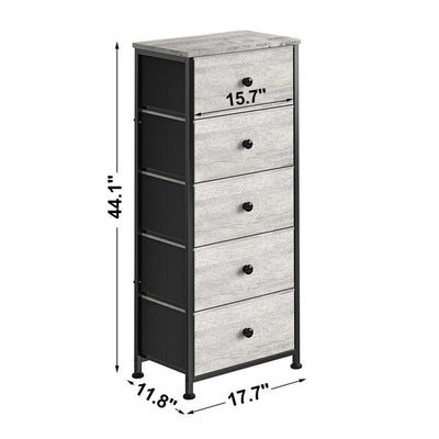 REAHOME Vertical Narrow Metal Tower Dresser w/ 5 Fabric Drawer Bins, Dark Taupe