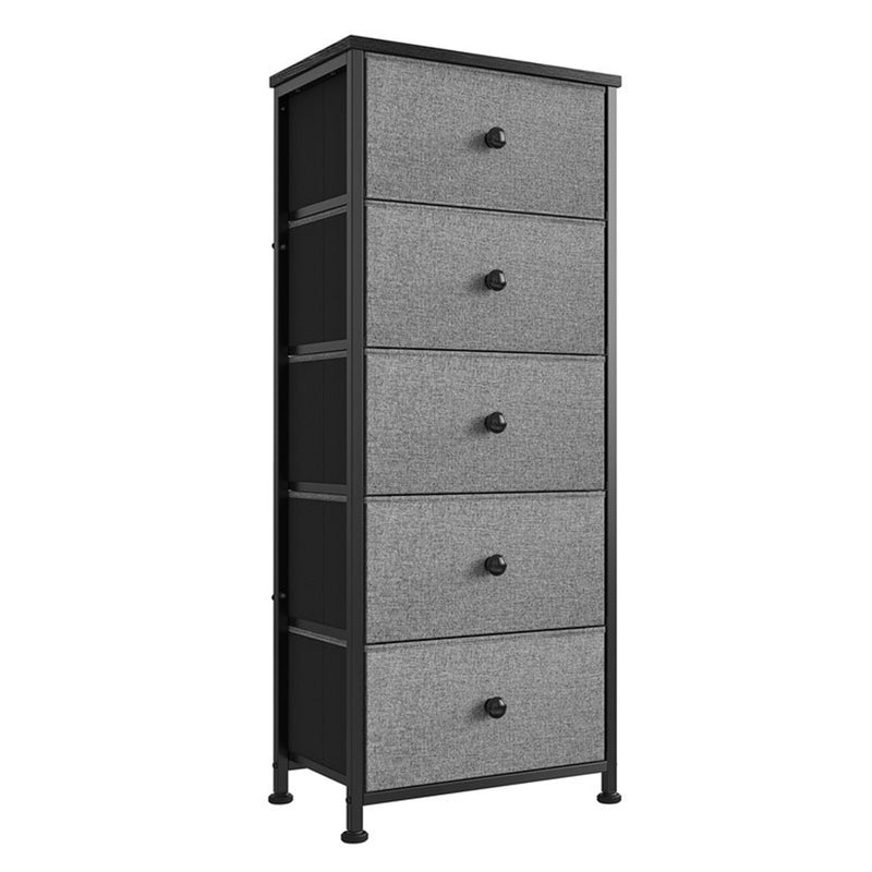 REAHOME Vertical Narrow Metal Tower Dresser w/ 5 Fabric Drawer Bins, Light Grey