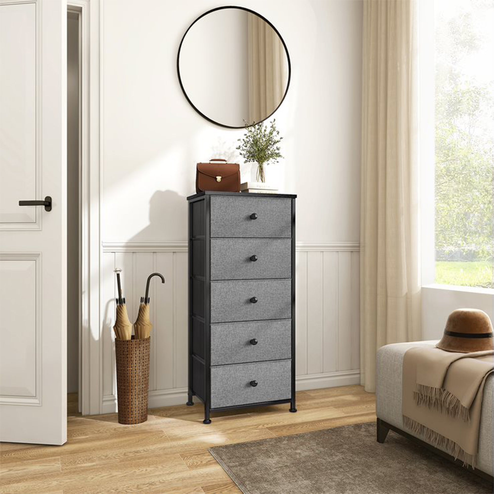 REAHOME Vertical Narrow Metal Tower Dresser w/ 5 Fabric Drawer Bins, Light Grey - VMInnovations