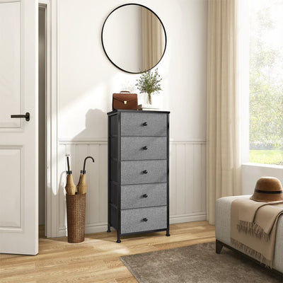 REAHOME Vertical Narrow Metal Tower Dresser w/ 5 Fabric Drawer Bins, Light Grey - VMInnovations