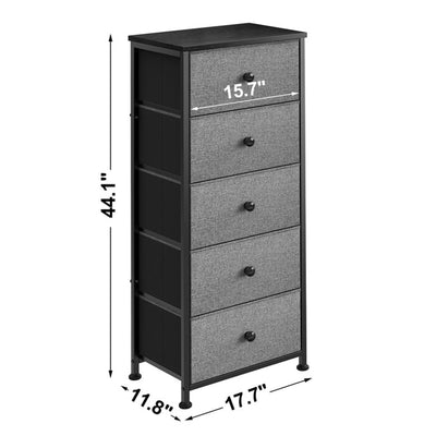 REAHOME Vertical Narrow Metal Tower Dresser w/ 5 Fabric Drawer Bins, Light Grey - VMInnovations