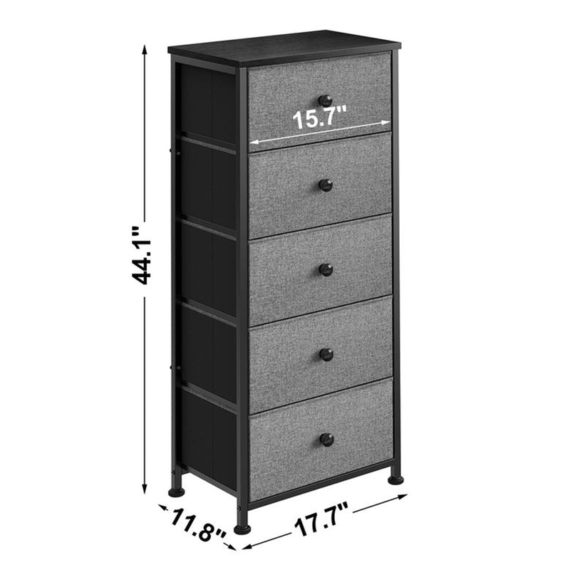 REAHOME Vertical Narrow Metal Tower Dresser w/ 5 Fabric Drawer Bins, Light Grey