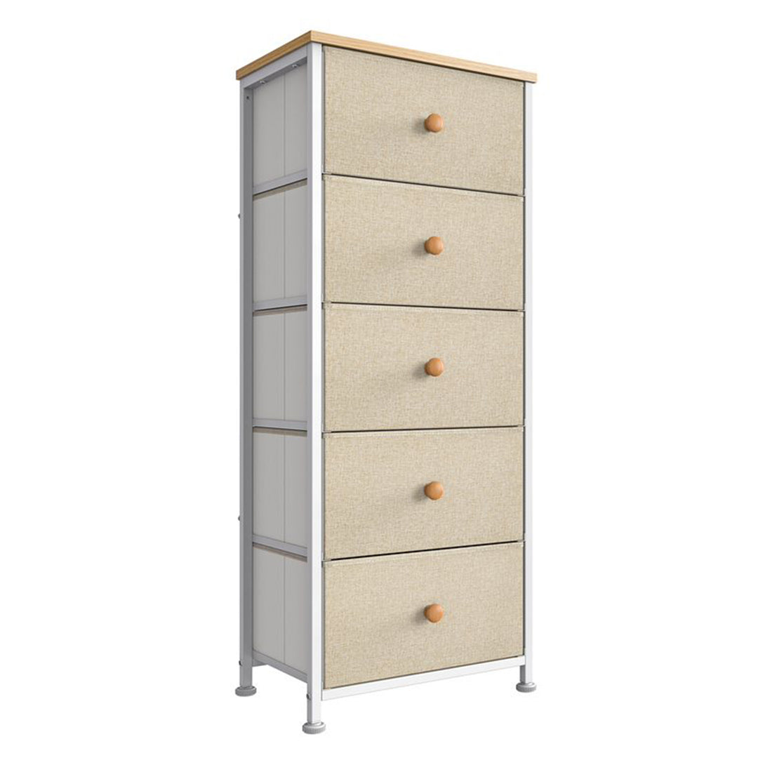 Vertical Narrow Metal Tower Dresser with 5 Fabric Drawer Bins, Taupe (Open Box) - VMInnovations