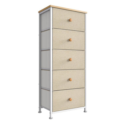 Vertical Narrow Metal Tower Dresser with 5 Fabric Drawer Bins, Taupe (Open Box)