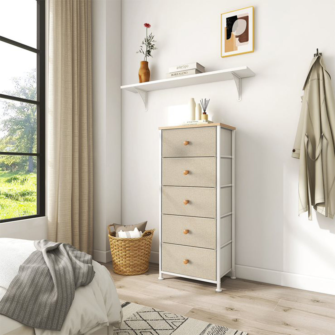 REAHOME Vertical Narrow Metal Tower Dresser with 5 Fabric Drawer Bins, Taupe