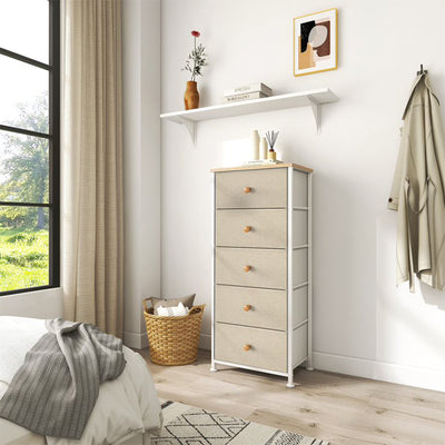 Vertical Narrow Metal Tower Dresser with 5 Fabric Drawer Bins, Taupe (Open Box) - VMInnovations