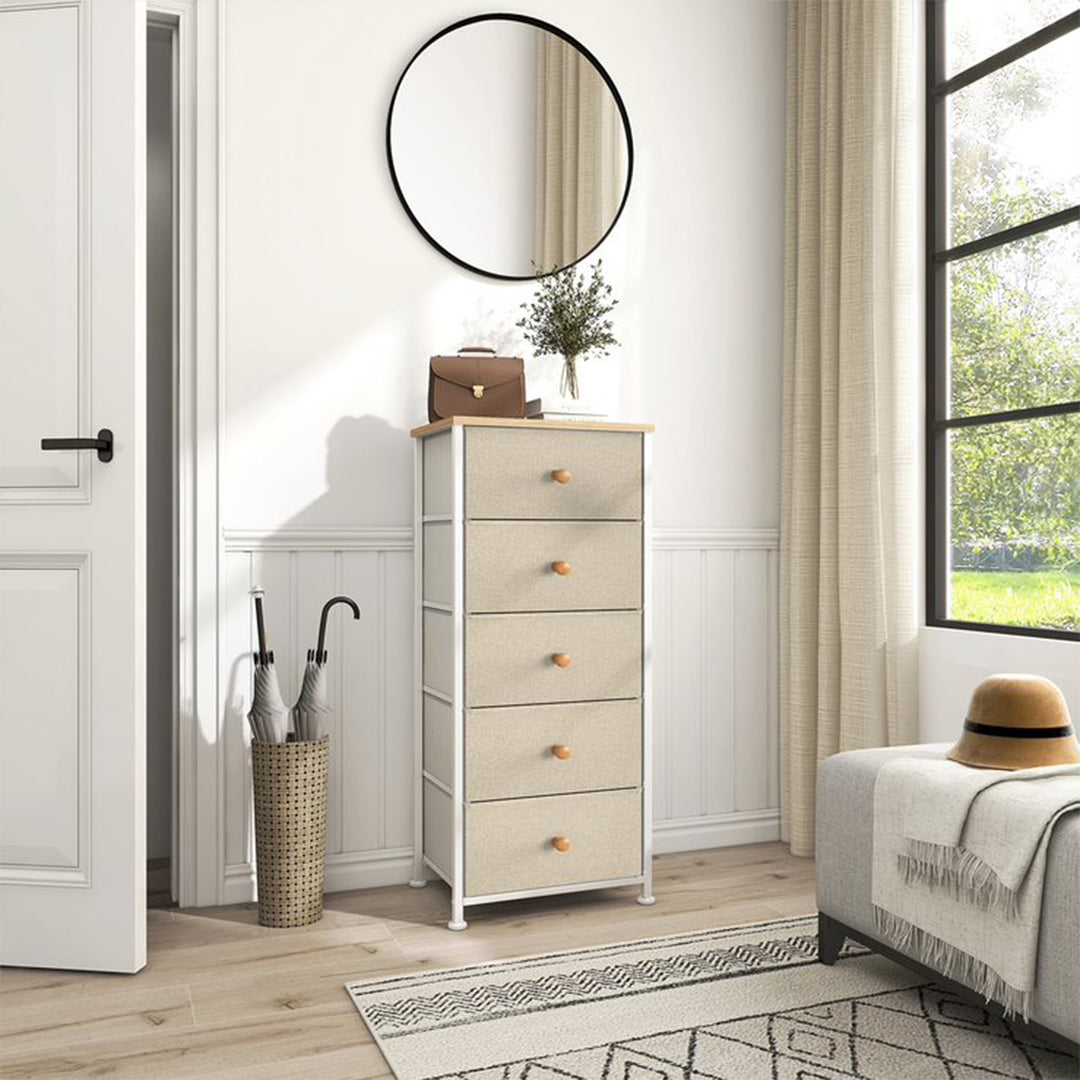 Vertical Narrow Metal Tower Dresser with 5 Fabric Drawer Bins, Taupe (Open Box) - VMInnovations