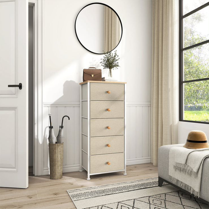 Vertical Narrow Metal Tower Dresser with 5 Fabric Drawer Bins, Taupe (Open Box) - VMInnovations