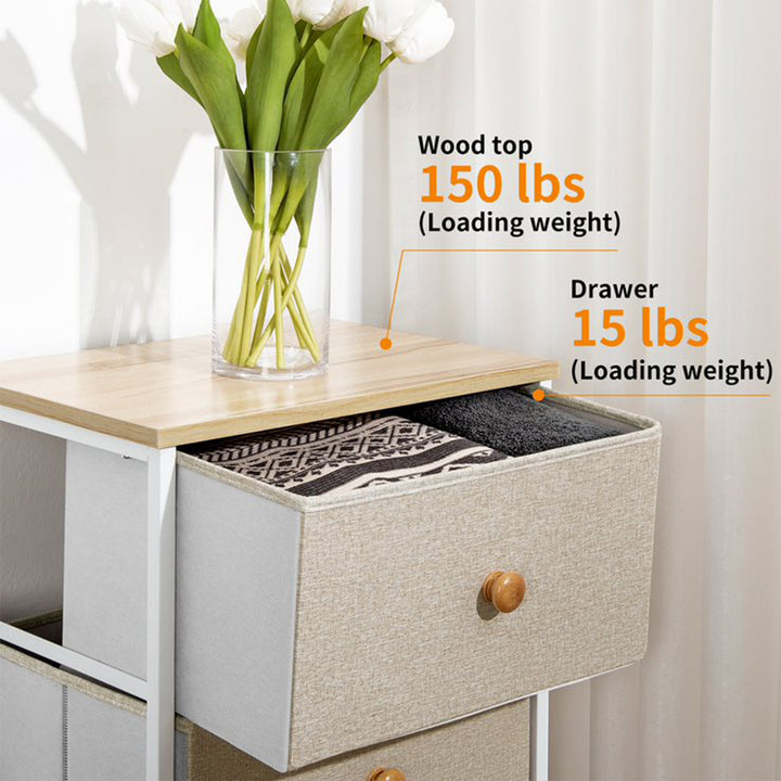 REAHOME Vertical Narrow Metal Tower Dresser with 5 Fabric Drawer Bins, Taupe