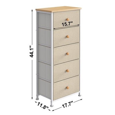 Vertical Narrow Metal Tower Dresser with 5 Fabric Drawer Bins, Taupe (Open Box)