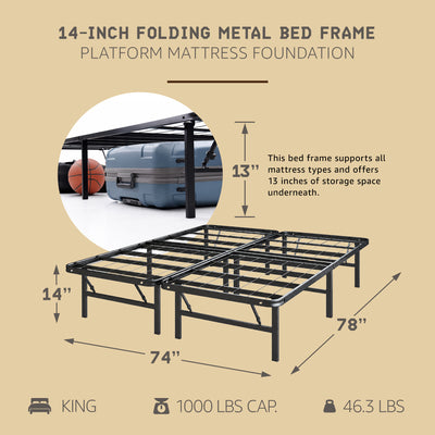 Hercules Folding Metal Bed Frame, 14 Inch Platform Mattress Foundation, King - VMInnovations