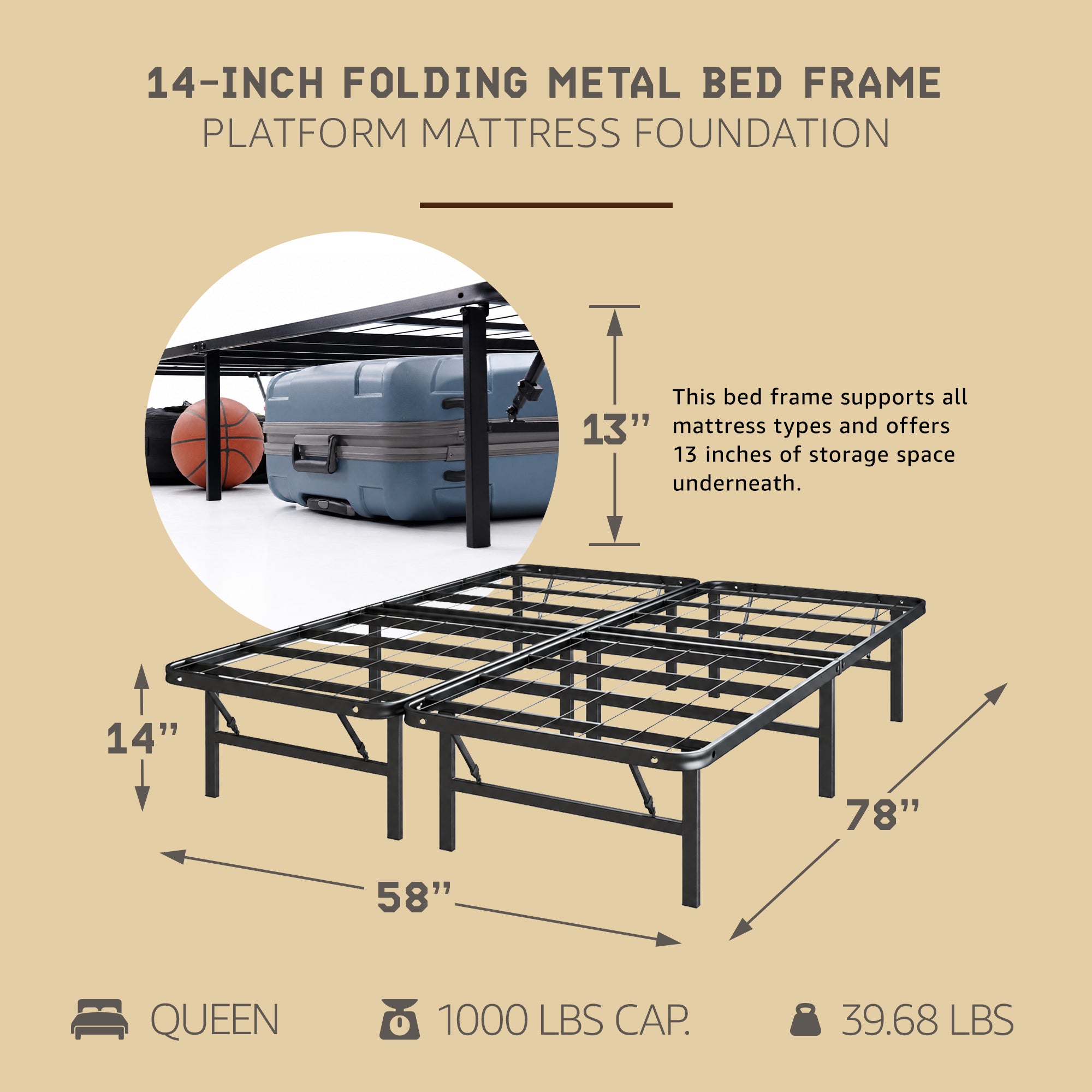 Hercules Folding Metal Bed Frame, 14 Inch Platform Mattress Foundation, Queen - VMInnovations