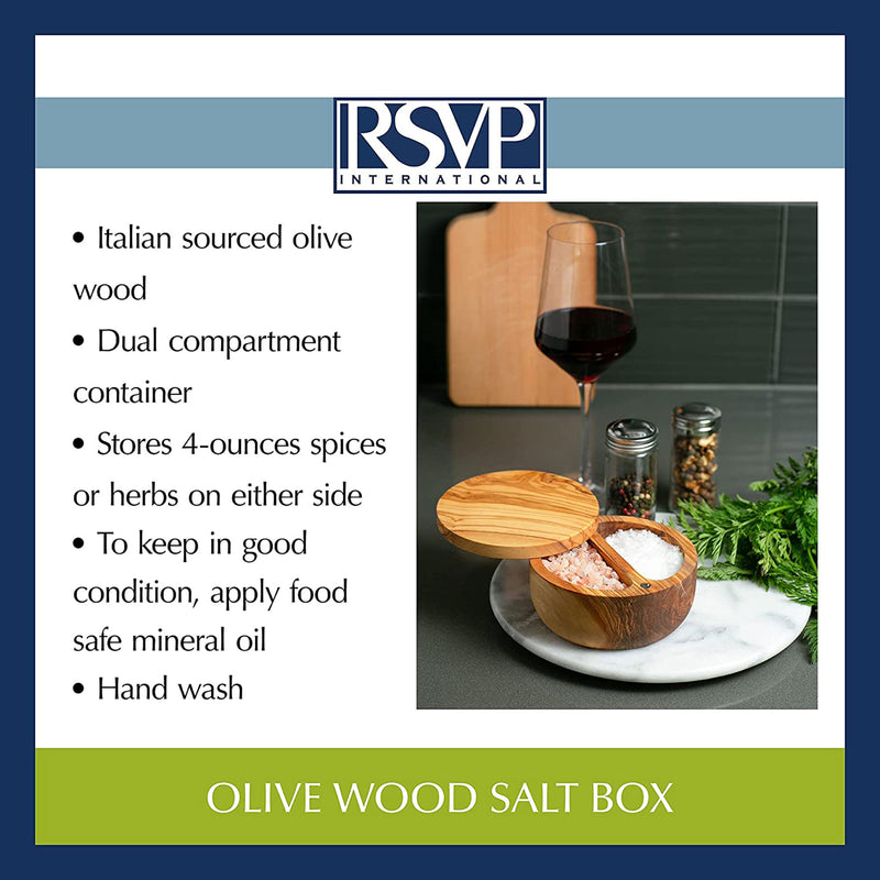 RSVP International Wood Durable Round Salt Herb Spice Box with Cover, Olive Wood