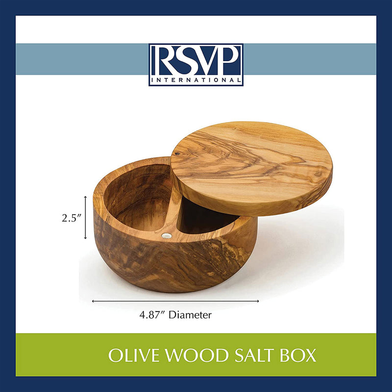 RSVP International Wood Durable Round Salt Herb Spice Box with Cover, Olive Wood