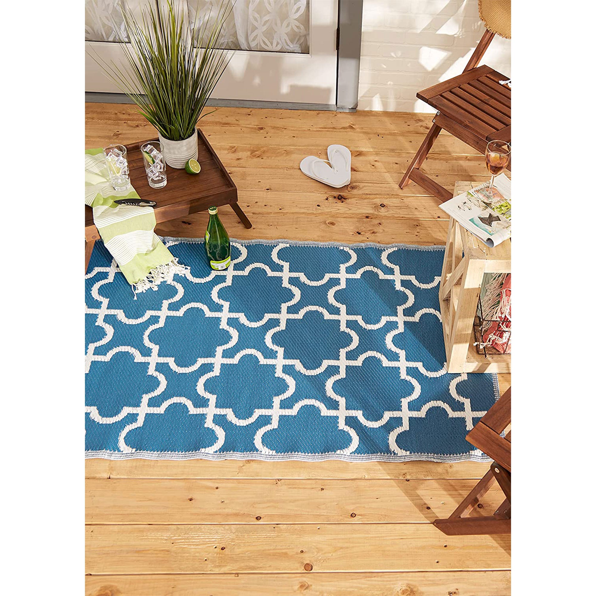DII Design Imports Indoor Outdoor 3 x 6 Foot Reversible Lattice Woven Rug, Blue