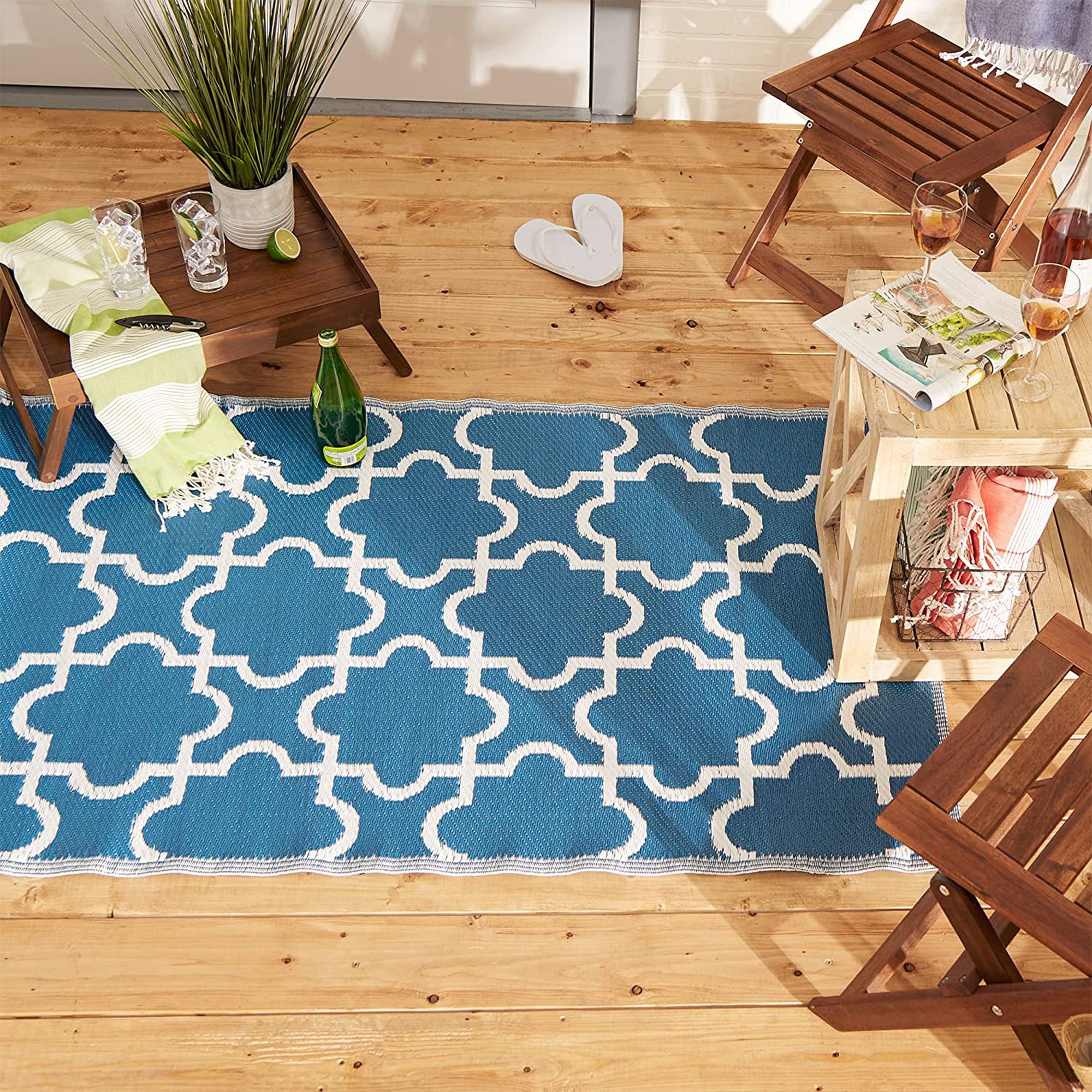 DII Design Imports Indoor Outdoor 3 x 6 Foot Reversible Lattice Woven Rug, Blue