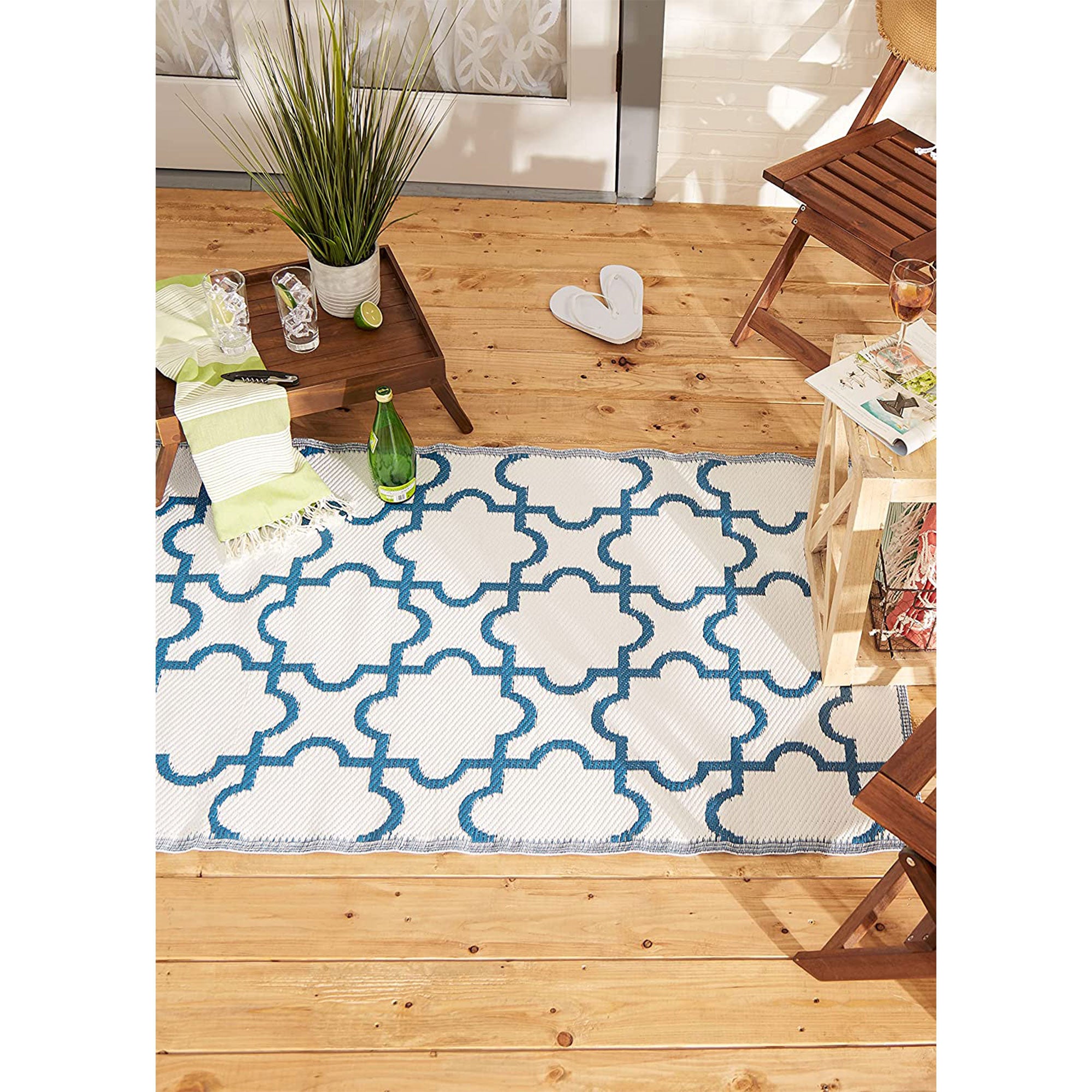DII Design Imports Indoor Outdoor 3 x 6 Foot Reversible Lattice Woven Rug, Blue