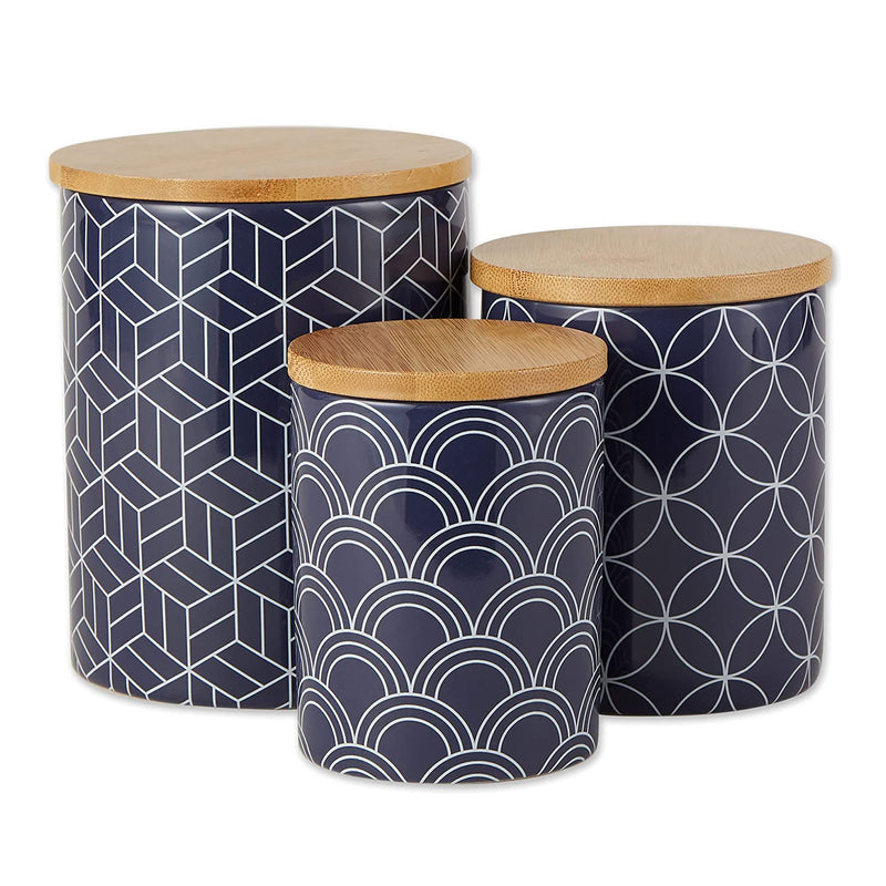 DII Design Imports Ceramic Kitchen Canister and Bamboo Lid Set, Nautical Blue