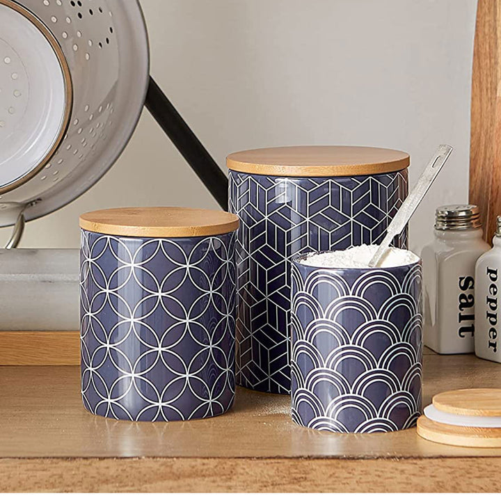 DII Design Imports Ceramic Kitchen Canister and Bamboo Lid set, Blue (Open Box)
