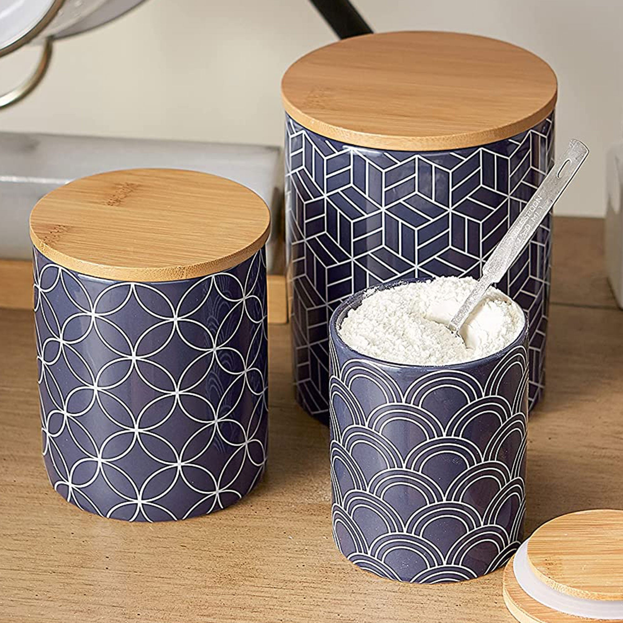 DII Design Imports Ceramic Kitchen Canister and Bamboo Lid set, Blue (Open Box) - VMInnovations