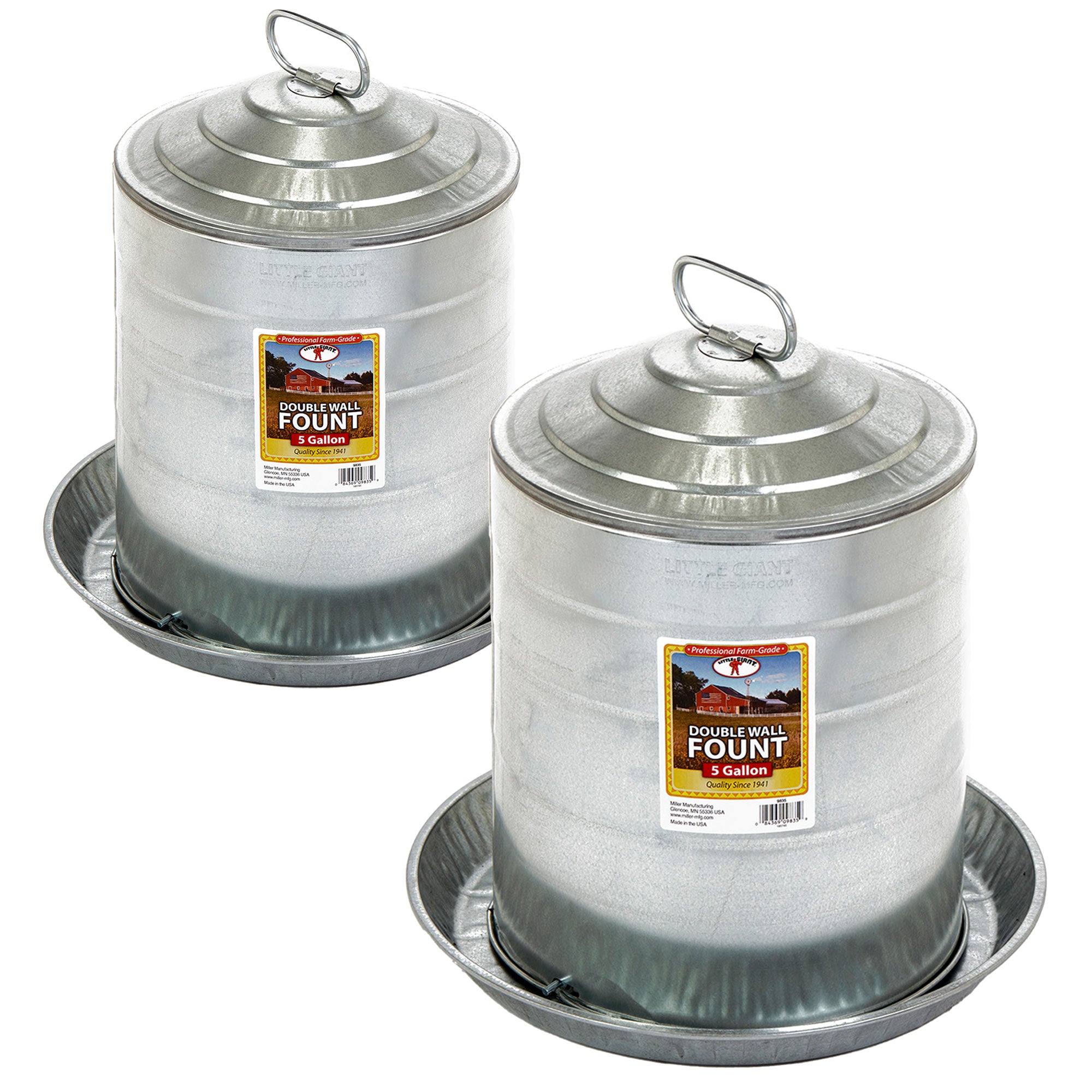 Miller Manufacturing 5 Gal Double Wall Metal Poultry Automatic Waterer, (2 Pack)