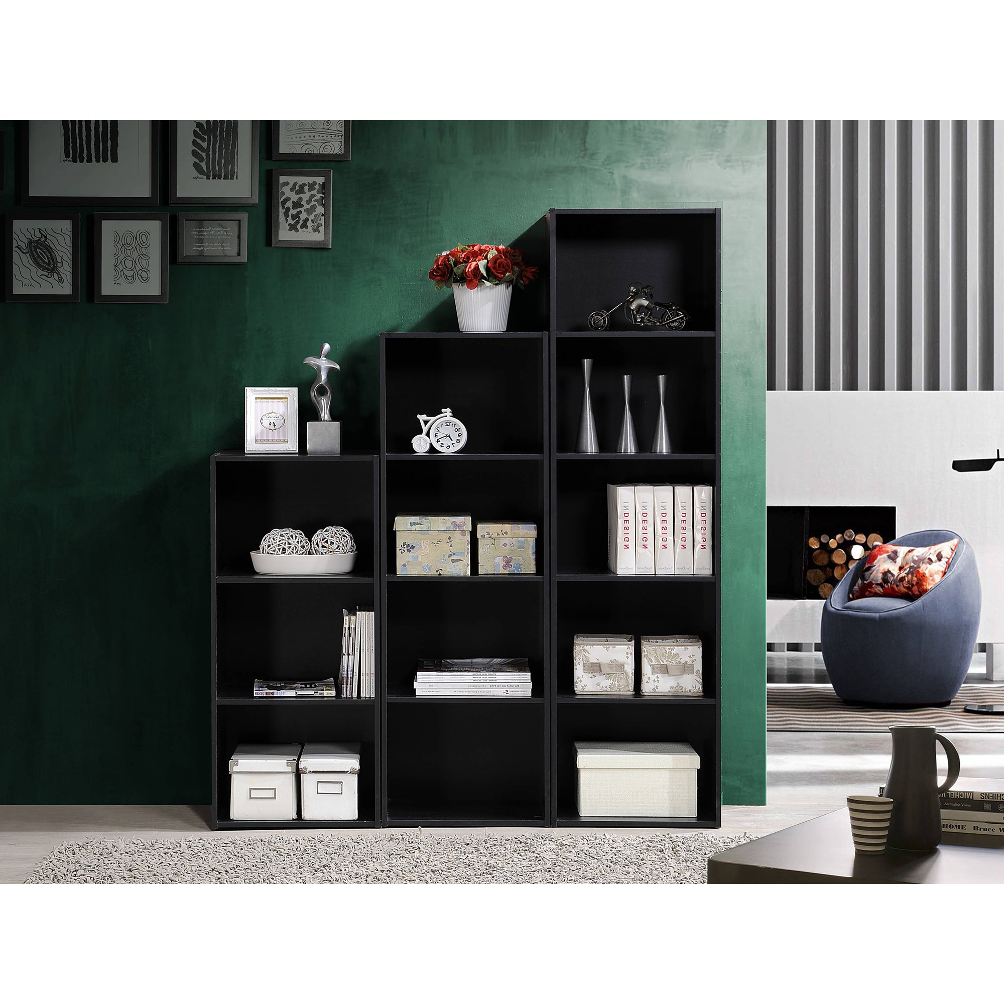 Hodedah 3 Shelf Home and Office Organization Storage Bookcase, Black (Used)