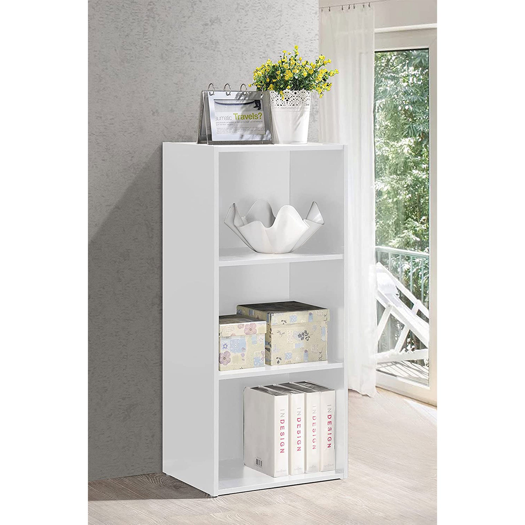 Hodedah 3 Shelf Home and Office Storage Bookcase Cabinets, White (Used)