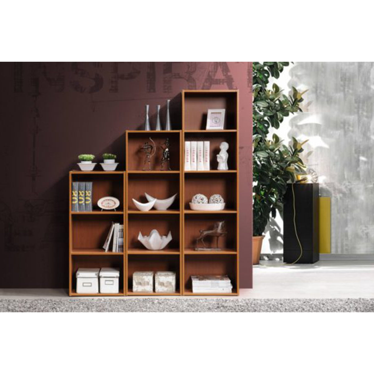 Hodedah Import 12x16x47In 4 Shelf Bookcase Organizer, Cherry Wood(Open Box)