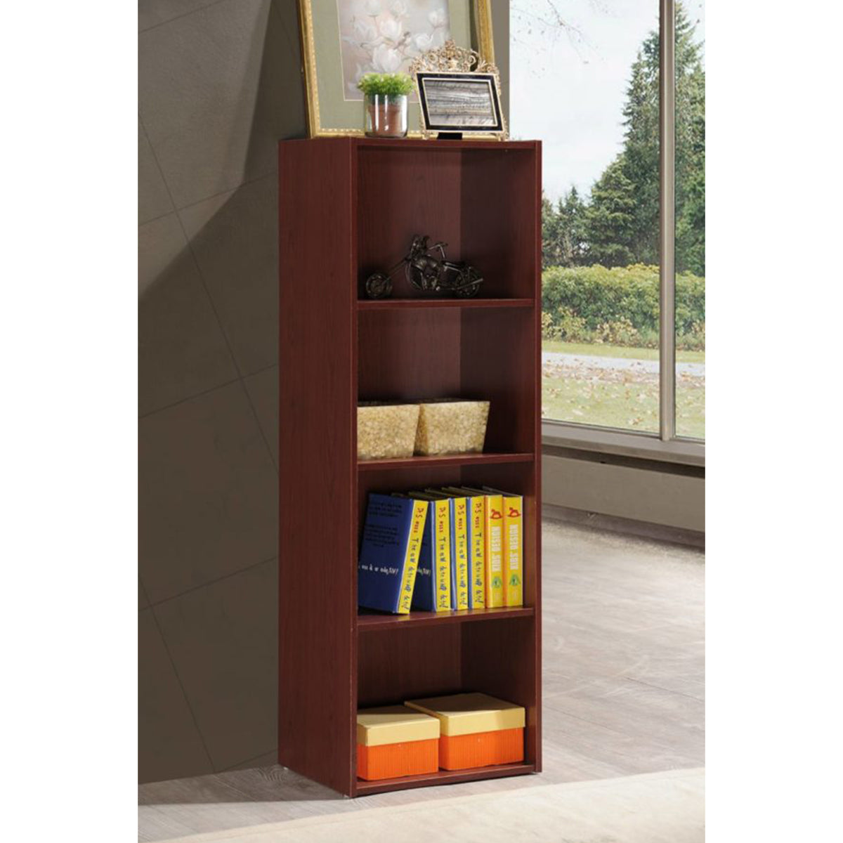 12 x 16 x 47 In 4 Shelf Bookcase Organizer, Mahogany Wood Finish (Used)