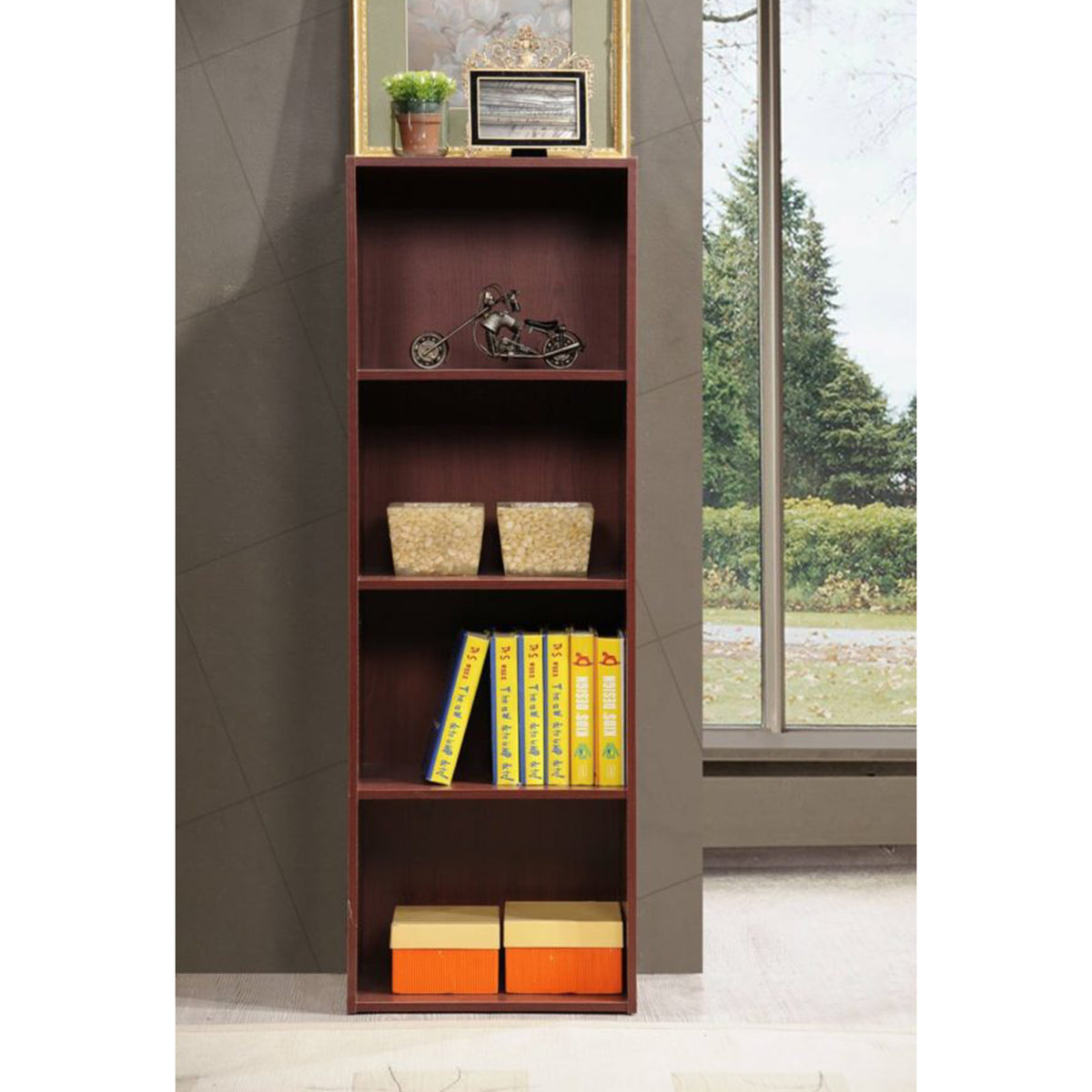 12 x 16 x 47 In 4 Shelf Bookcase Organizer, Mahogany Wood Finish (For Parts)