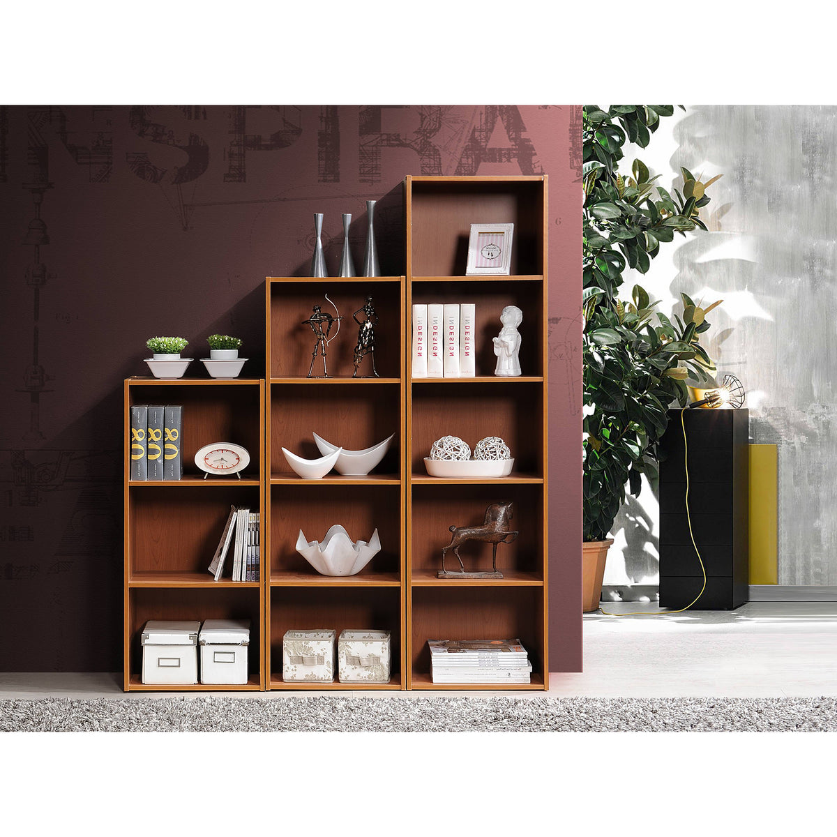 12 x 16 x 60 Inch 5 Shelf Bookcase Organizer, Cherry Wood Finish (Open Box) - VMInnovations