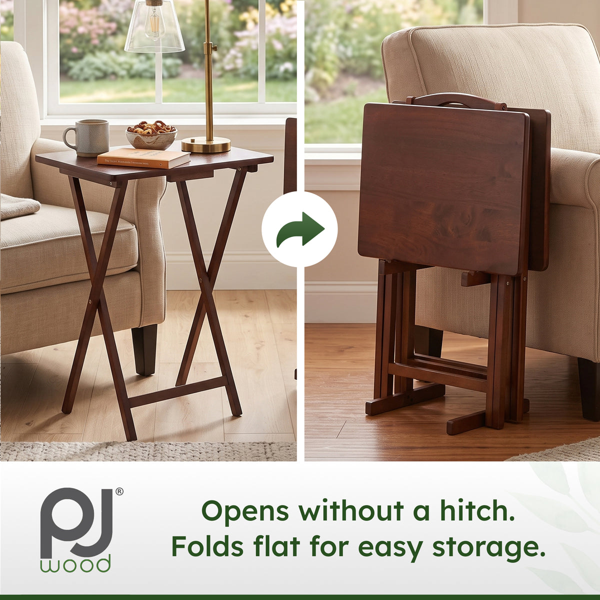 PJ Wood Folding TV Tray Tables with Compact Storage Rack, Honey Oak, 5 Piece Set