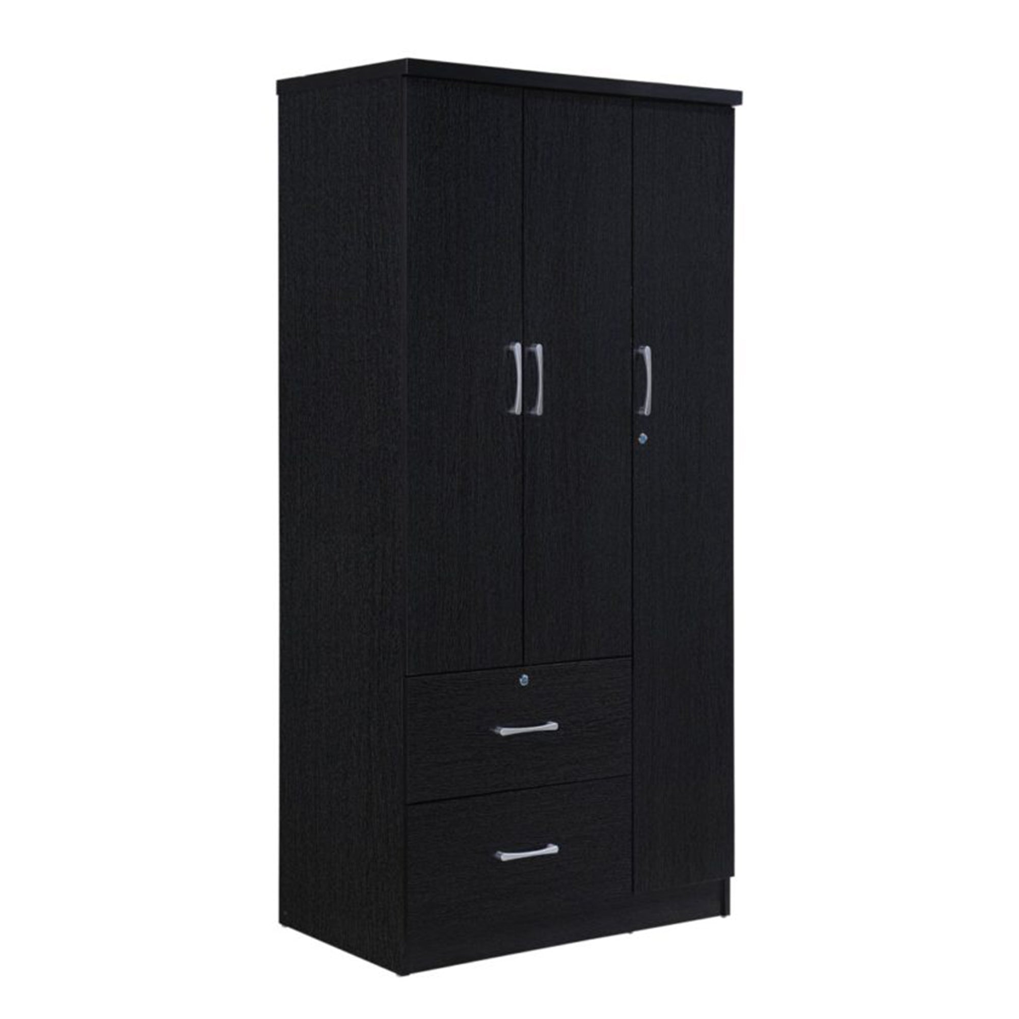 Hodedah Import 3 Door Armoire with Rod, Shelves, and 2 Drawers, Black (Open Box)
