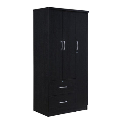 Hodedah Import 3 Door Armoire with Rod, Shelves, and 2 Drawers, Black (Open Box)