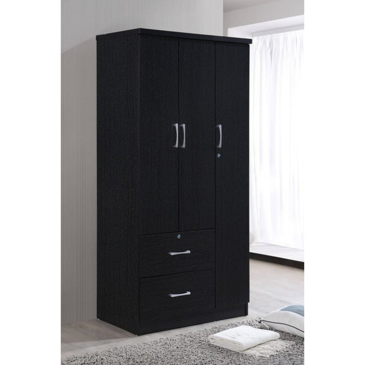 Hodedah Import 3 Door Armoire with Clothing Rod, Shelves, and 2 Drawers, Black (Open Box)