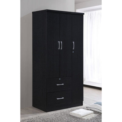 Hodedah Import 3 Door Armoire w/ Clothing Rod, Shelves, & 2 Drawers, Black(Used)