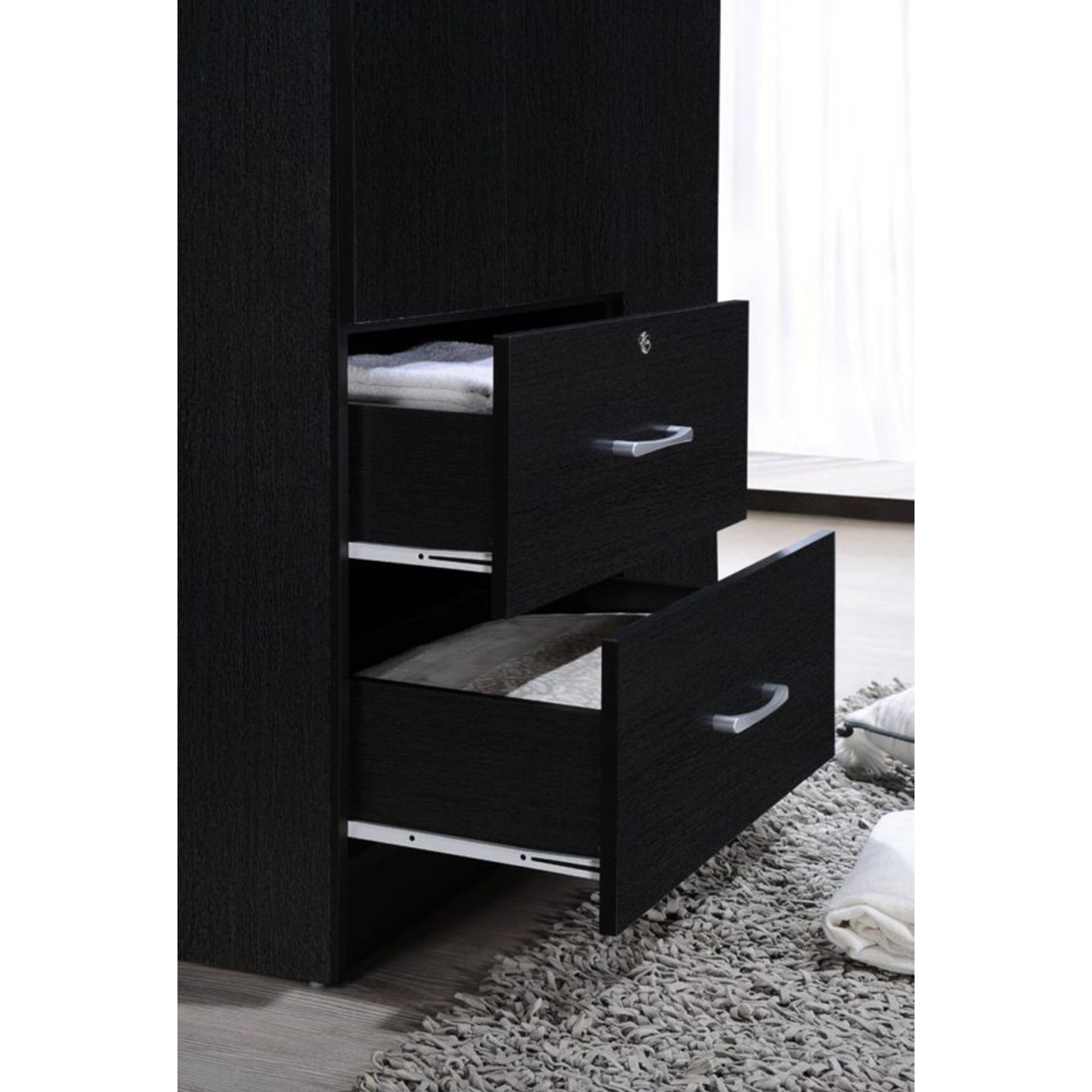 Hodedah Import 3 Door Armoire with Rod, Shelves, and 2 Drawers, Black (Open Box)