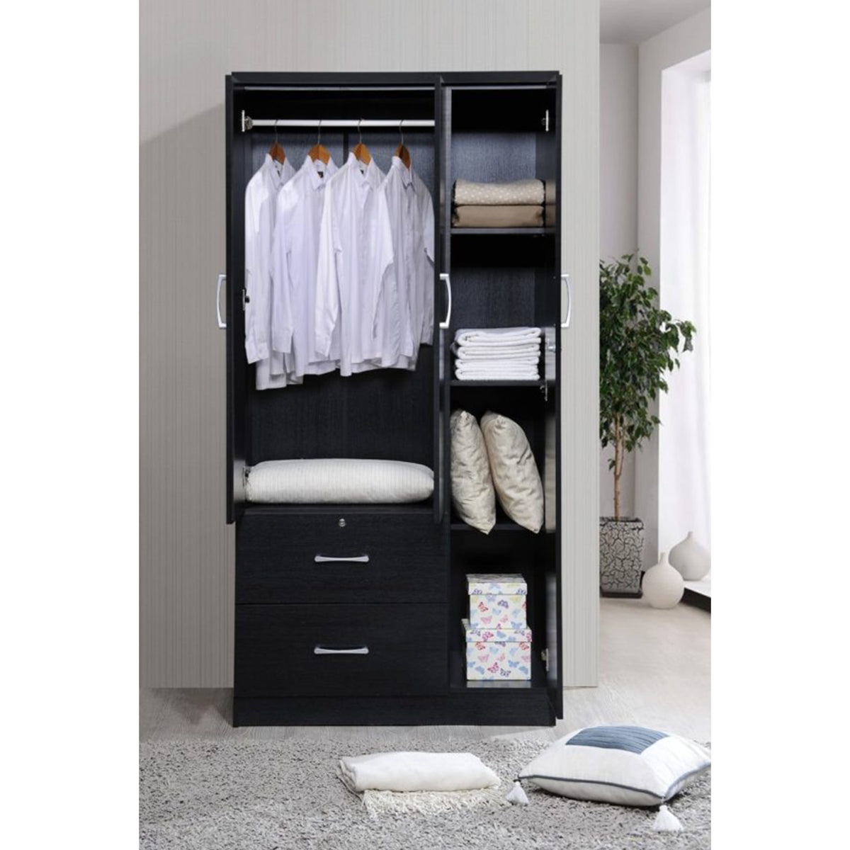 Hodedah Import 3 Door Armoire with Clothing Rod, Shelves, and 2 Drawers, Black (Open Box)