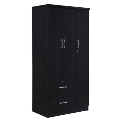 Hodedah Import 3 Door Armoire w/ Clothing Rod, Shelves, & 2 Drawers, Black(Used)