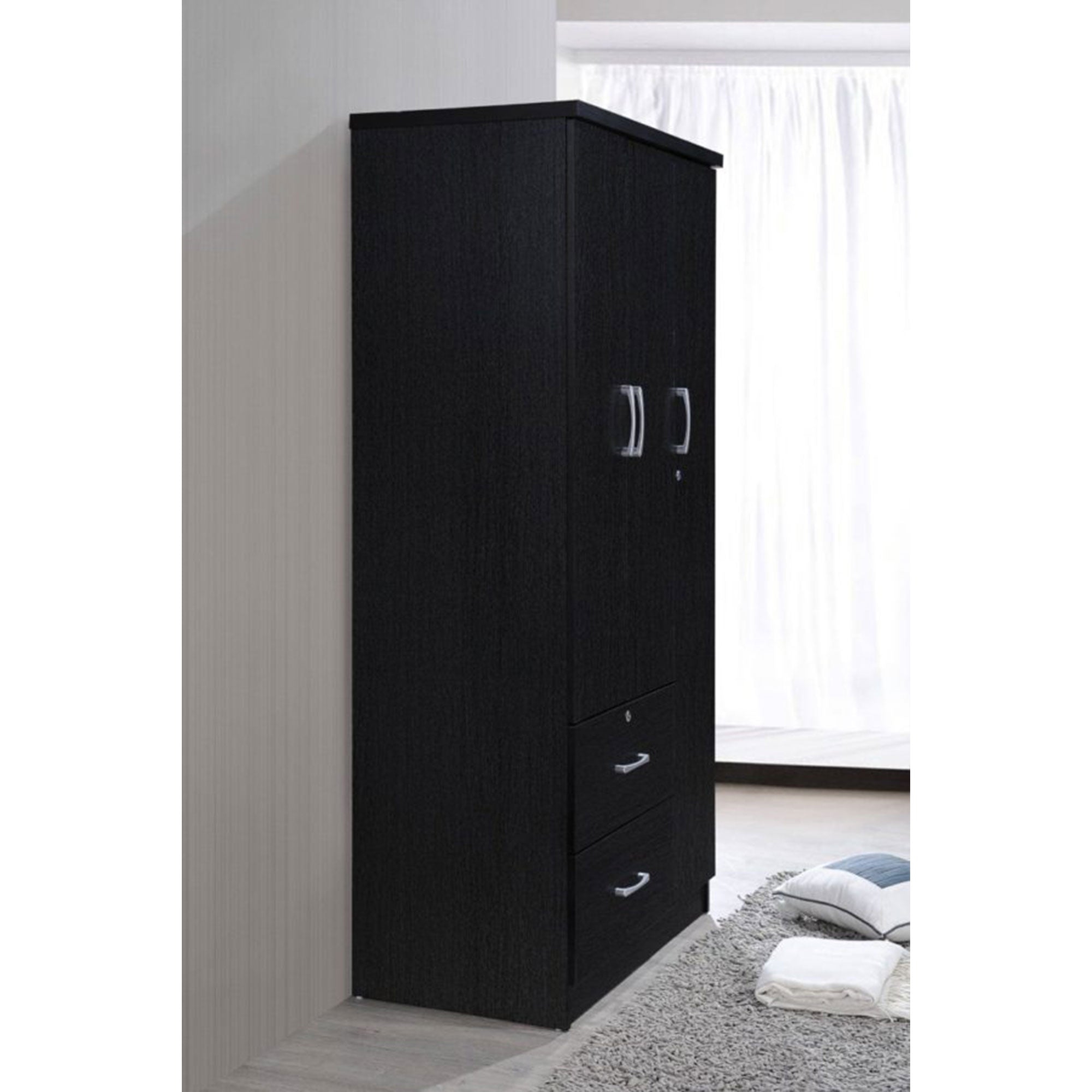 Hodedah Import 3 Door Armoire with Clothing Rod, Shelves, and 2 Drawers, Black