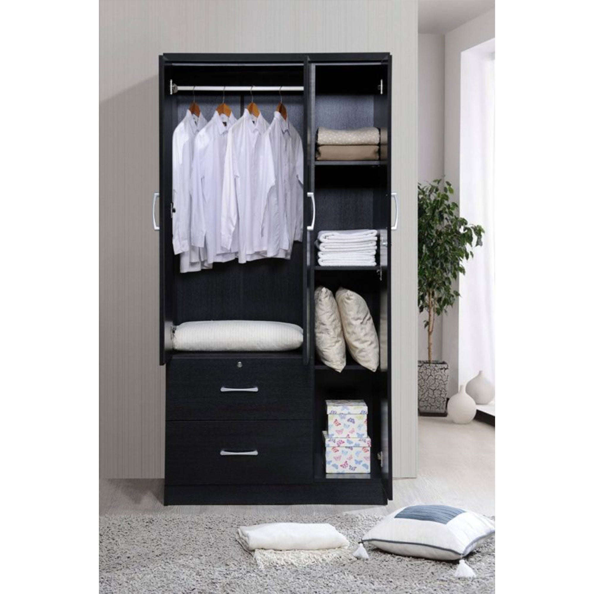 Hodedah Import 3 Door Armoire with Clothing Rod, Shelves, and 2 Drawers, Black