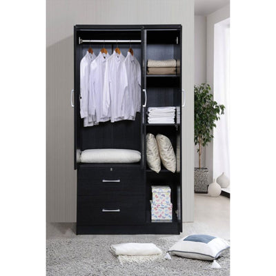 Hodedah Import 3 Door Armoire with Clothing Rod, Shelves, and 2 Drawers, Black