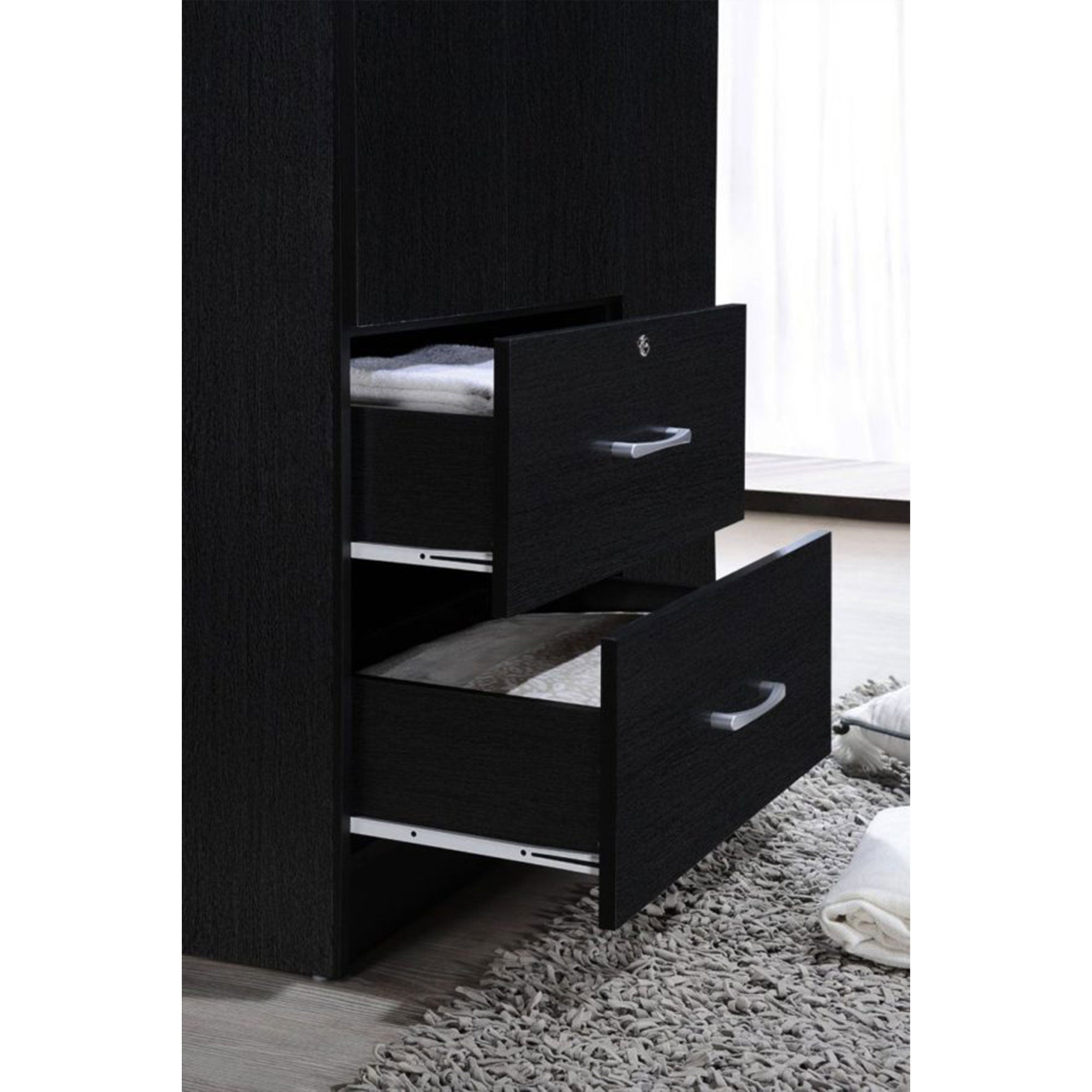 Hodedah Import 3 Door Armoire with Clothing Rod, Shelves, and 2 Drawers, Black
