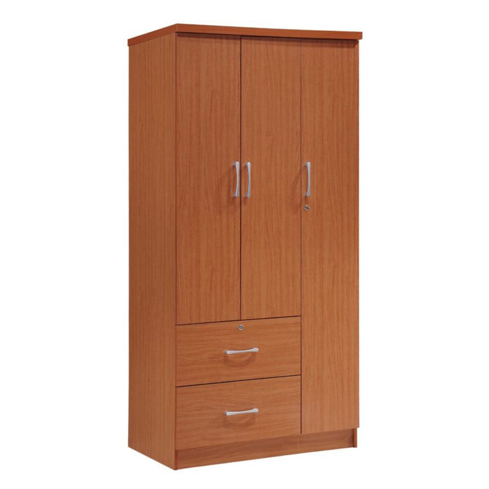 Hodedah Import 3 Door Armoire with Rod, Shelves, & 2 Drawers, Cherry (Open Box) - VMInnovations