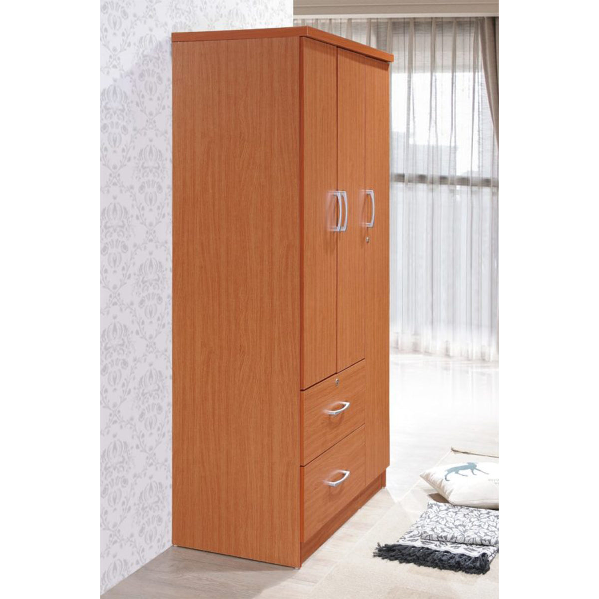 Hodedah Import 3 Door Armoire with Clothing Rod, Shelves, and 2 Drawers, Cherry (Open Box)