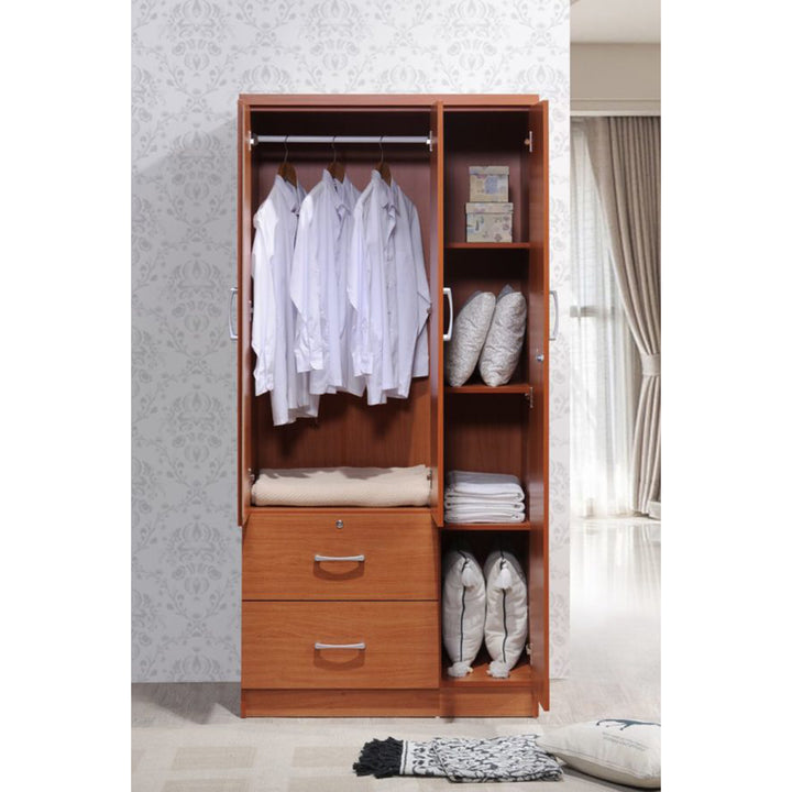 Hodedah Import 3 Door Armoire with Rod, Shelves, & 2 Drawers, Cherry (Open Box) - VMInnovations