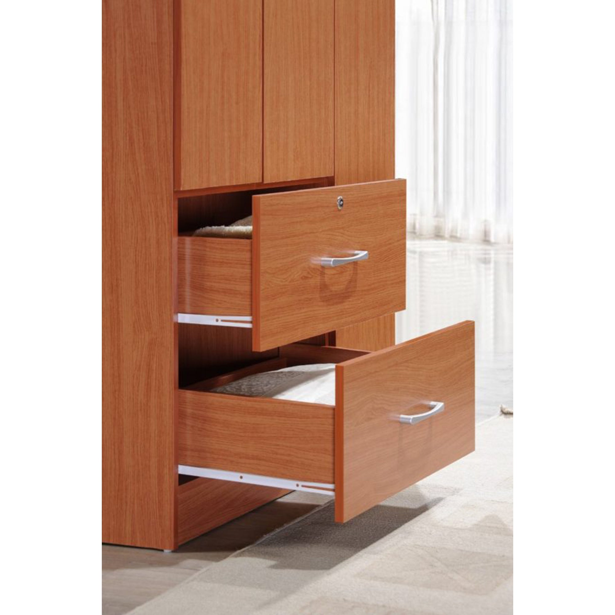 Hodedah Import 3 Door Armoire with Clothing Rod, Shelves, and 2 Drawers, Cherry (Open Box)