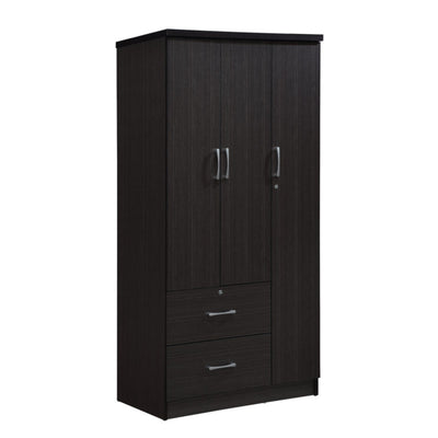 Hodedah Import 3 Door Armoire with Clothing Rod, Shelves, & 2 Drawers, Chocolate